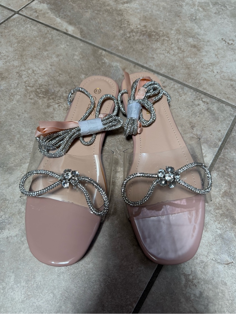 Mata Blush Pink Jeweled Gladiator Style Sandals with Rhinestone Bow and Ties